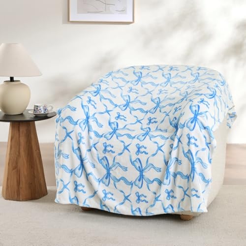 Jungle Star Blue Bow Throw Blanket – 50x60 Inch Soft Fleece Blanket for Girls and Women, Coquette Aesthetic Room Decor for Bed, Couch, Chair, Preppy Bedroom or Gift, Cute Pink Bow Decor Blanket - Image 1