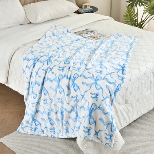 Jungle Star Blue Bow Throw Blanket – 50x60 Inch Soft Fleece Blanket for Girls and Women, Coquette Aesthetic Room Decor for Bed, Couch, Chair, Preppy Bedroom or Gift, Cute Pink Bow Decor Blanket - Image 2