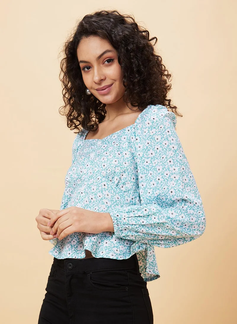 globus Globus Women Green Floral Printed Sweetheart Gathered Detailed Regular Top