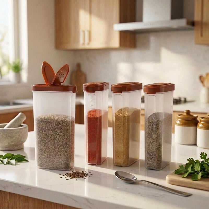 Mahaware Modular Spice Containers for Kitchen Storage Set of 4 (425ml Each) – Plastic Spices Container for Kitchen with Sprinkler Lids, Airtight Masala Box Set, Brown - Image 5