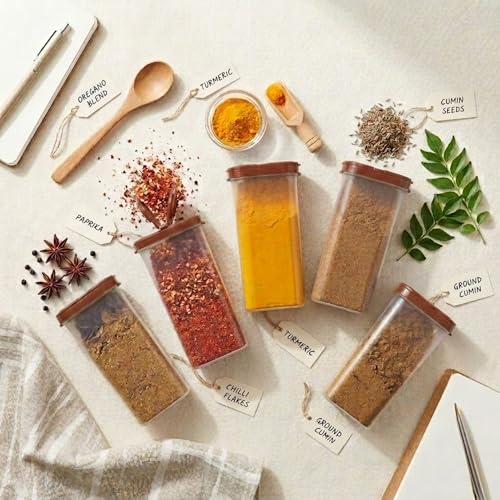 Mahaware Modular Spice Containers for Kitchen Storage Set of 4 (425ml Each) – Plastic Spices Container for Kitchen with Sprinkler Lids, Airtight Masala Box Set, Brown - Image 2