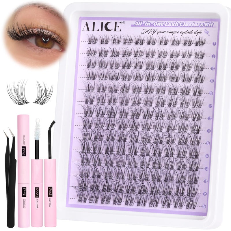 ALICE Lash Clusters Kit Natural Wispy Lash Extension Kit Clear Band Cluster Eyelash Extensions 140pcs 8-16mm Individual Lashes with Lash Glue Bond and Seal and Tweezers DIY at Home - Image 1