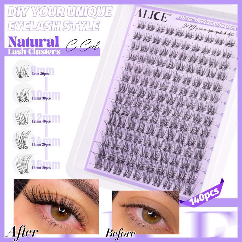 ALICE Lash Clusters Kit Natural Wispy Lash Extension Kit Clear Band Cluster Eyelash Extensions 140pcs 8-16mm Individual Lashes with Lash Glue Bond and Seal and Tweezers DIY at Home - Image 3