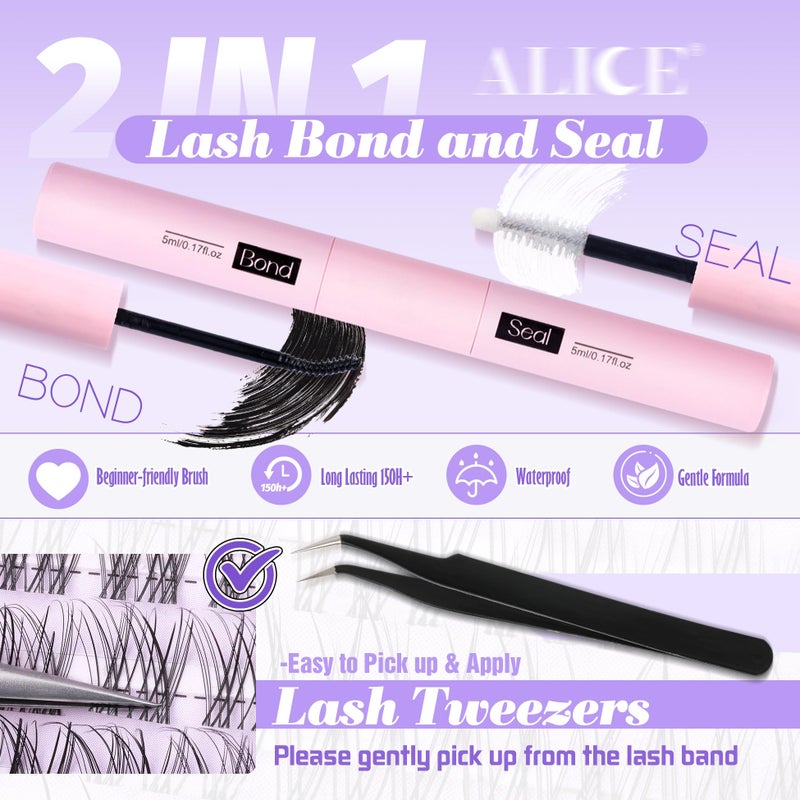 ALICE Lash Clusters Kit Natural Wispy Lash Extension Kit Clear Band Cluster Eyelash Extensions 140pcs 8-16mm Individual Lashes with Lash Glue Bond and Seal and Tweezers DIY at Home - Image 4