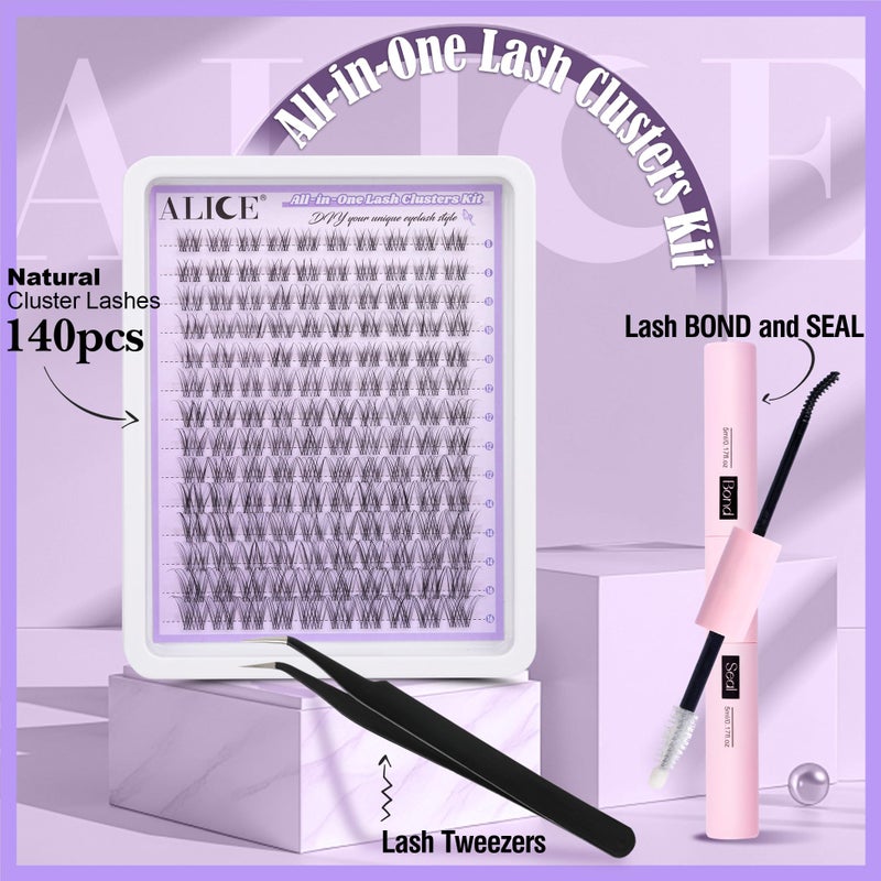 ALICE Lash Clusters Kit Natural Wispy Lash Extension Kit Clear Band Cluster Eyelash Extensions 140pcs 8-16mm Individual Lashes with Lash Glue Bond and Seal and Tweezers DIY at Home - Image 2