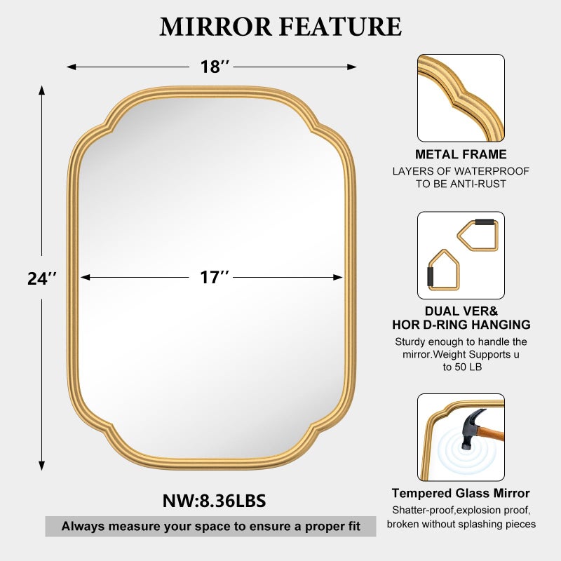 Ferytange Gold Mirrors for Bathroom, 18" x 24" Rectangular Wall Mirror for Bathroom Metal Frame Farmhouse Rounded Corner Wall Mirror (Horizontal/Vertical) - Image 4