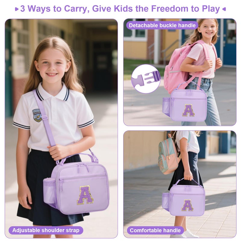 CLOUDWINGS Kids Initial Lunch Bag, Reusable Insulated Lunch Box for Girls Toddlers, Back to School Gift, Leak-proof Cooler Bag for School Daycare Travel Picnic, Purple-A - Image 4