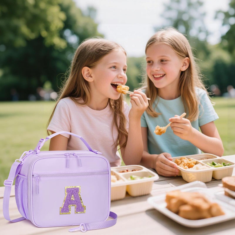 CLOUDWINGS Kids Initial Lunch Bag, Reusable Insulated Lunch Box for Girls Toddlers, Back to School Gift, Leak-proof Cooler Bag for School Daycare Travel Picnic, Purple-A - Image 2