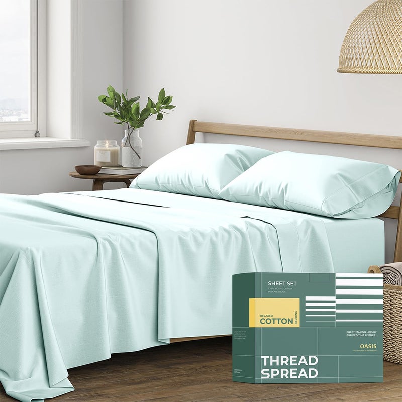 THREAD SPREAD 100% Organic Cotton Sheets California King Size - 4 PC Organic Cotton Cal King Size Percale Weave Sheet Set, Soft, Cooling & Crisp, 16" Deep Pocket Hotel Quality Bedding Set - Sea Foam - Image 1