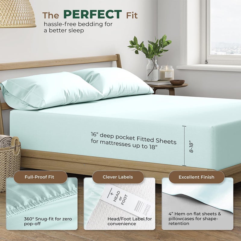 THREAD SPREAD 100% Organic Cotton Sheets California King Size - 4 PC Organic Cotton Cal King Size Percale Weave Sheet Set, Soft, Cooling & Crisp, 16" Deep Pocket Hotel Quality Bedding Set - Sea Foam - Image 4
