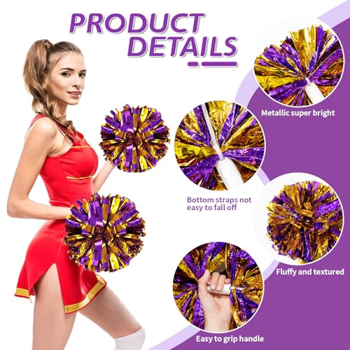 CREATIEE-PRO 4Pcs Metallic Cheerleading Pom Poms, Creatiee 2 Pair Cheerleader Cheering Squad Pompoms for School Sports Dance Games Team Spirit Cheer (Purple-Gold) - Image 2
