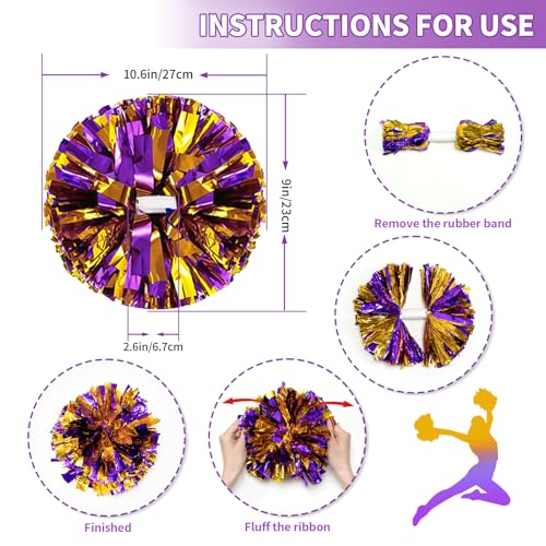 CREATIEE-PRO 4Pcs Metallic Cheerleading Pom Poms, Creatiee 2 Pair Cheerleader Cheering Squad Pompoms for School Sports Dance Games Team Spirit Cheer (Purple-Gold) - Image 3