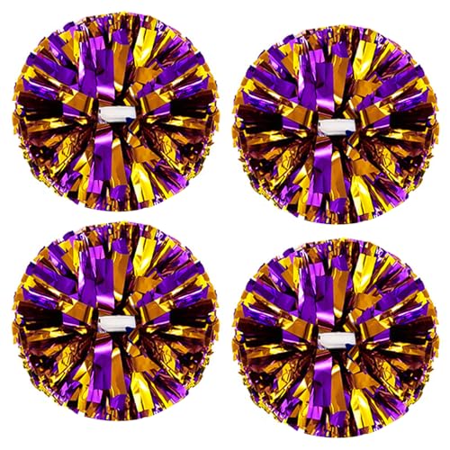 CREATIEE-PRO 4Pcs Metallic Cheerleading Pom Poms, Creatiee 2 Pair Cheerleader Cheering Squad Pompoms for School Sports Dance Games Team Spirit Cheer (Purple-Gold) - Image 1