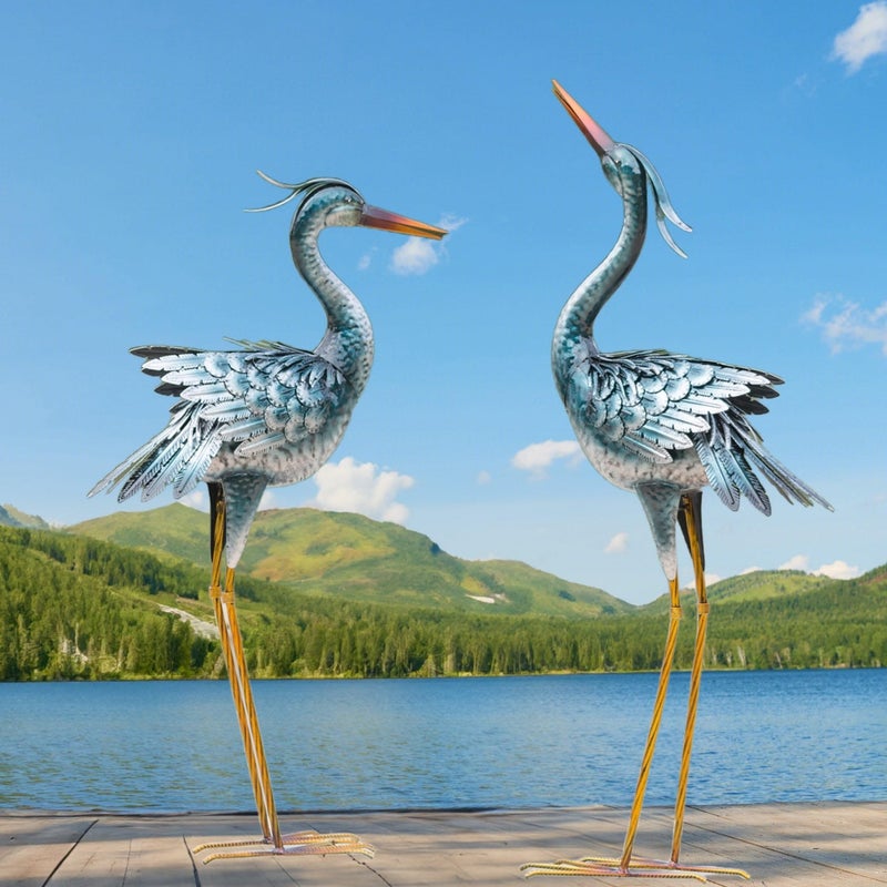 Chisheen Large Garden Crane Outdoor Sculptures Metal Yard Art Heron Standing for Indoor Outdoor Decor Bird Statues for Patio Lawn Porch Decorations Set of 2