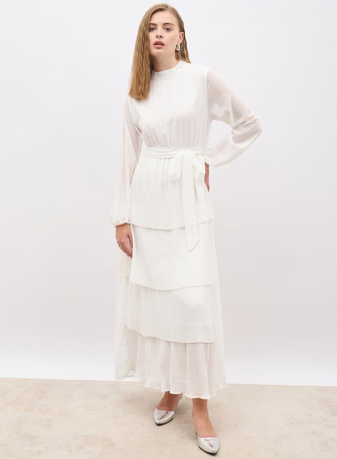 Styli Plain Pleated Detail Long Sleeves Tiered Maxi Dress - Image 2