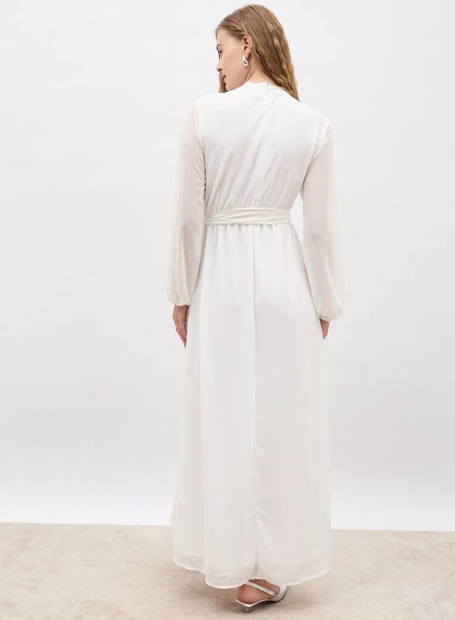 Styli Plain Pleated Detail Long Sleeves Tiered Maxi Dress - Image 5