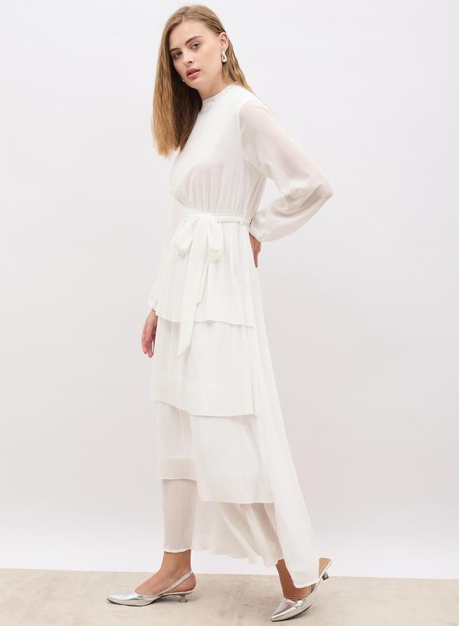 Styli Plain Pleated Detail Long Sleeves Tiered Maxi Dress - Image 3