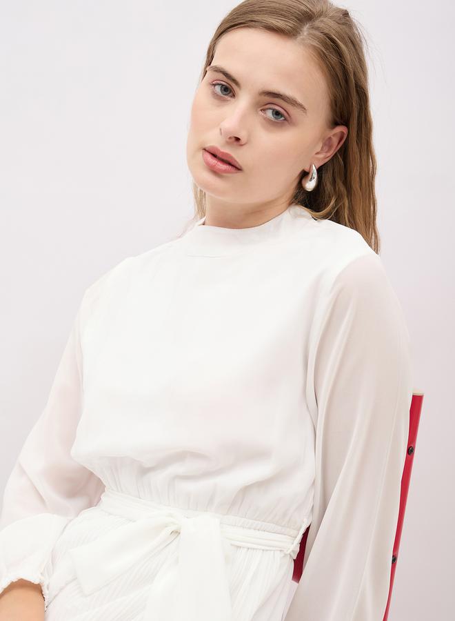 Styli Plain Pleated Detail Long Sleeves Tiered Maxi Dress - Image 4