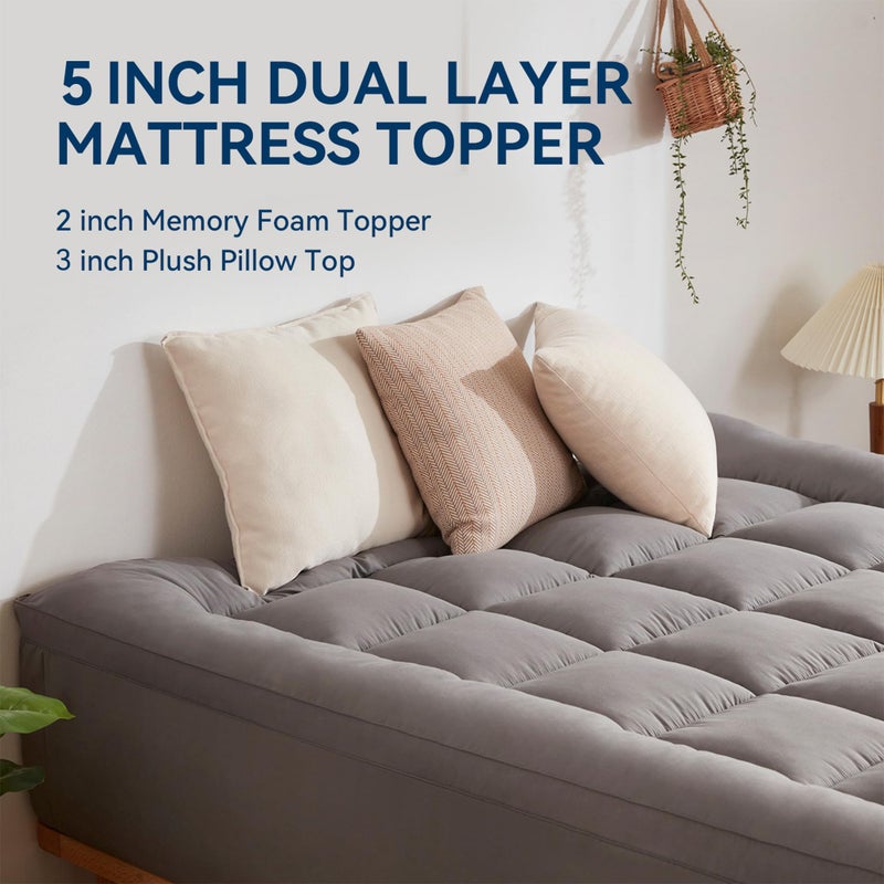 BDEUS Dual Layer 5 Inch Memory Foam Mattress Topper Full Size, 2 Inch Gel Memory Foam Plus 3 Inch 1450 GSM Down Alternative Quilted Pillow Top Mattress Pad Cover,Dark Gray - Image 2
