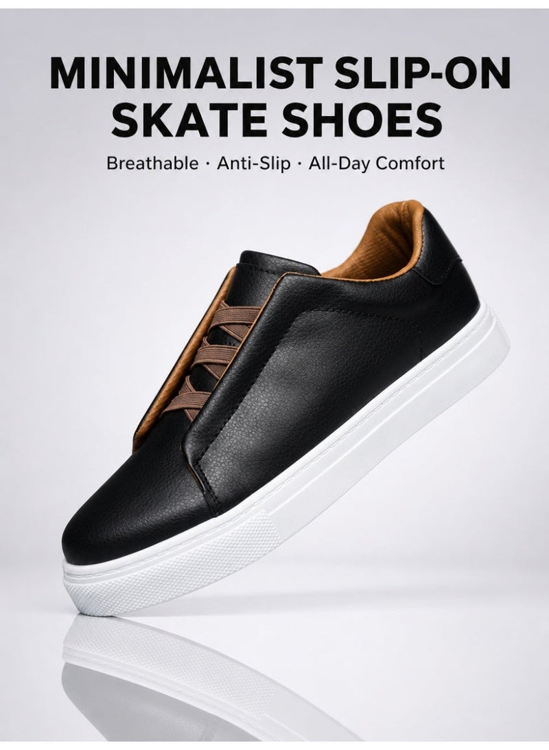 Men's low-top sneakers, stylish men's sneakers, solid-color sneakers, slip-on sneakers, lightweight non-slip walking shoes, casual leather shoes, sneakers suitable for running, working out, or everyday wear, black - Image 1