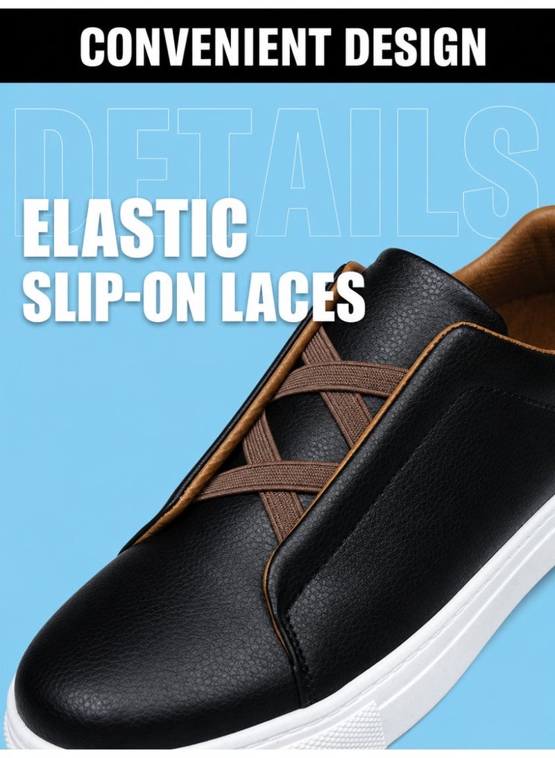 Men's low-top sneakers, stylish men's sneakers, solid-color sneakers, slip-on sneakers, lightweight non-slip walking shoes, casual leather shoes, sneakers suitable for running, working out, or everyday wear, black - Image 4