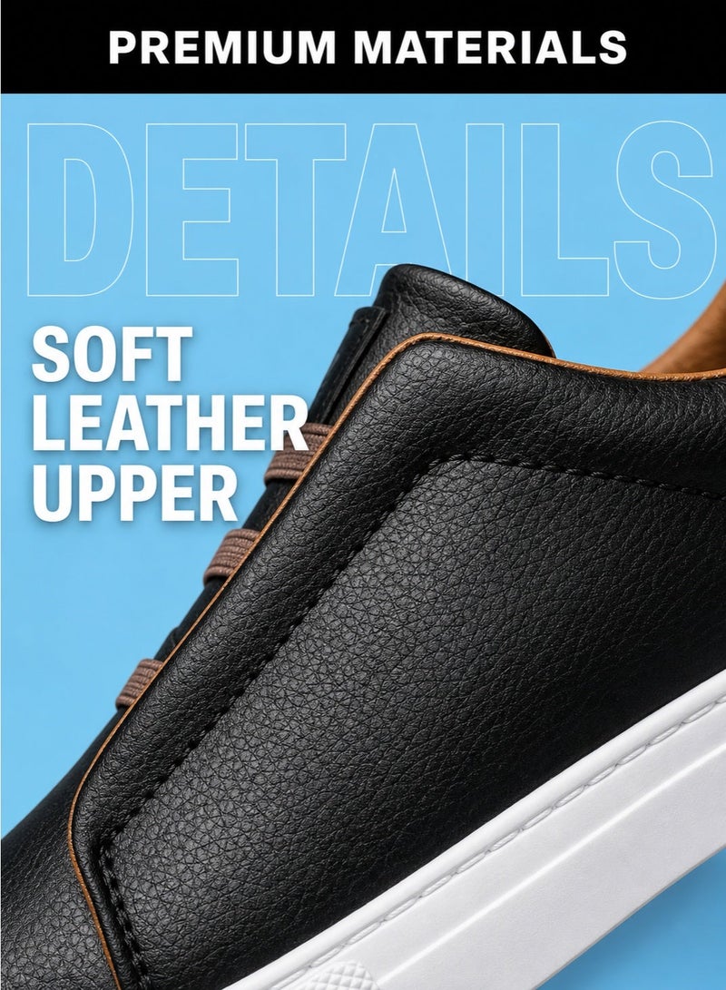 Men's low-top sneakers, stylish men's sneakers, solid-color sneakers, slip-on sneakers, lightweight non-slip walking shoes, casual leather shoes, sneakers suitable for running, working out, or everyday wear, black - Image 3