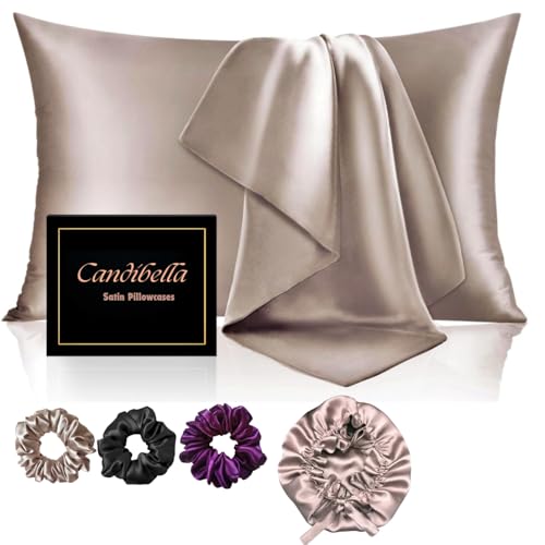 Candibella Satin Bonnet for Curly Hair with Pillow Covers and Scrunchies | Silk Bonnet for Hair|Best Gift Combo of Pack of 2 Satin Pillowcases with 3 Silk Scrunchies - Image 1