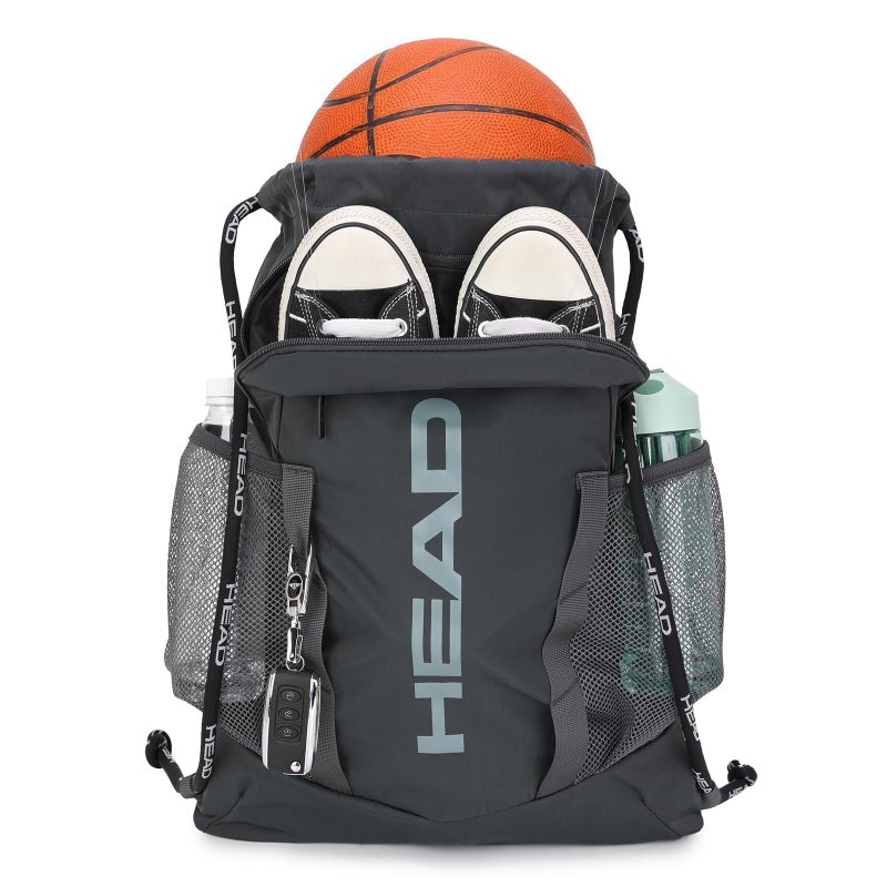 HEAD Waterproof Gym Sackpack for Sport with 2 Zipper Pockets, Large Drawstring Backpacks for Men with Side Pockets for Water Bottle (Dark Grey) - Image 1
