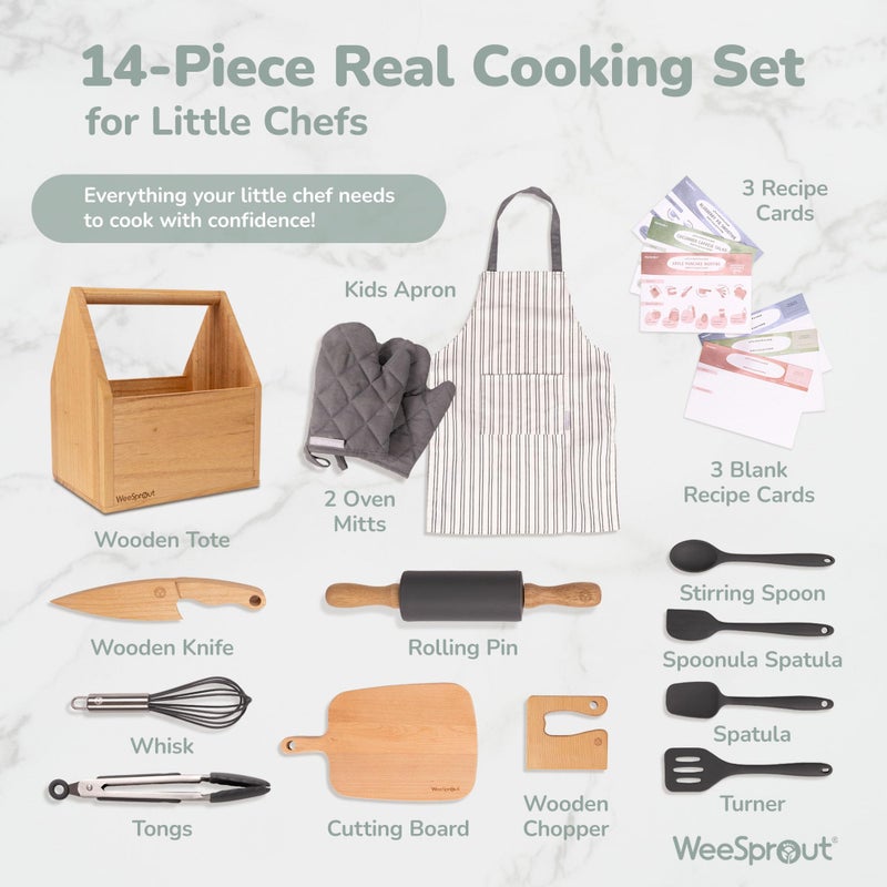 WeeSprout Little Chef Kids Cooking  Baking Set 14 Piece Cooking Set with Real Kitchen Tools  Kids Apron Baking Gift for Girls Boys  Junior Chefs Food Grade Materials Choice of Colors - Image 3
