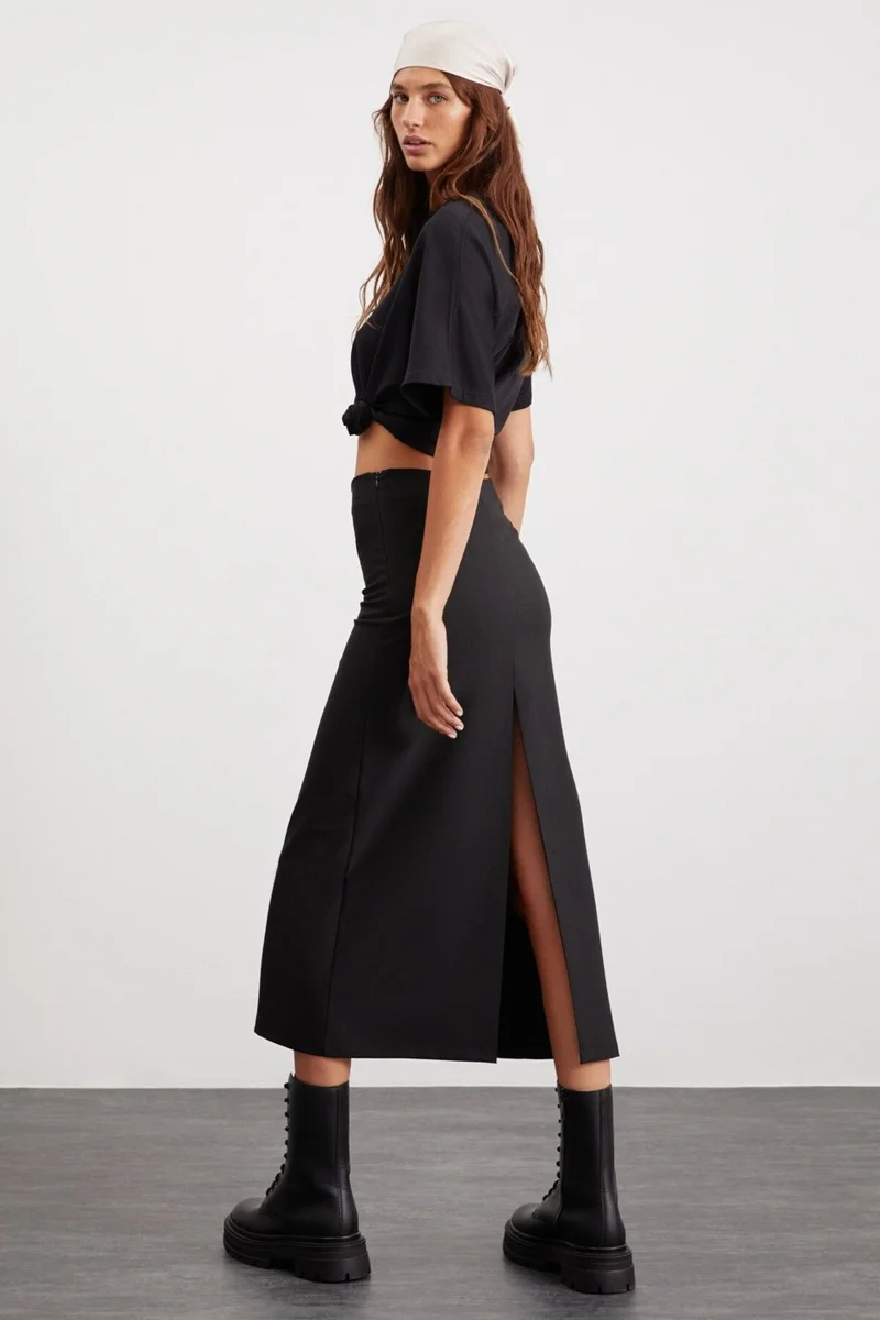GRIMELANGE Isla Women's Woven Fabric Back Deep Slit Maxi Length Normal Waist Black Skirt