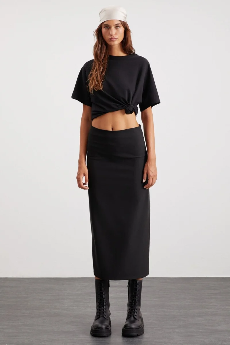 GRIMELANGE Isla Women's Woven Fabric Back Deep Slit Maxi Length Normal Waist Black Skirt