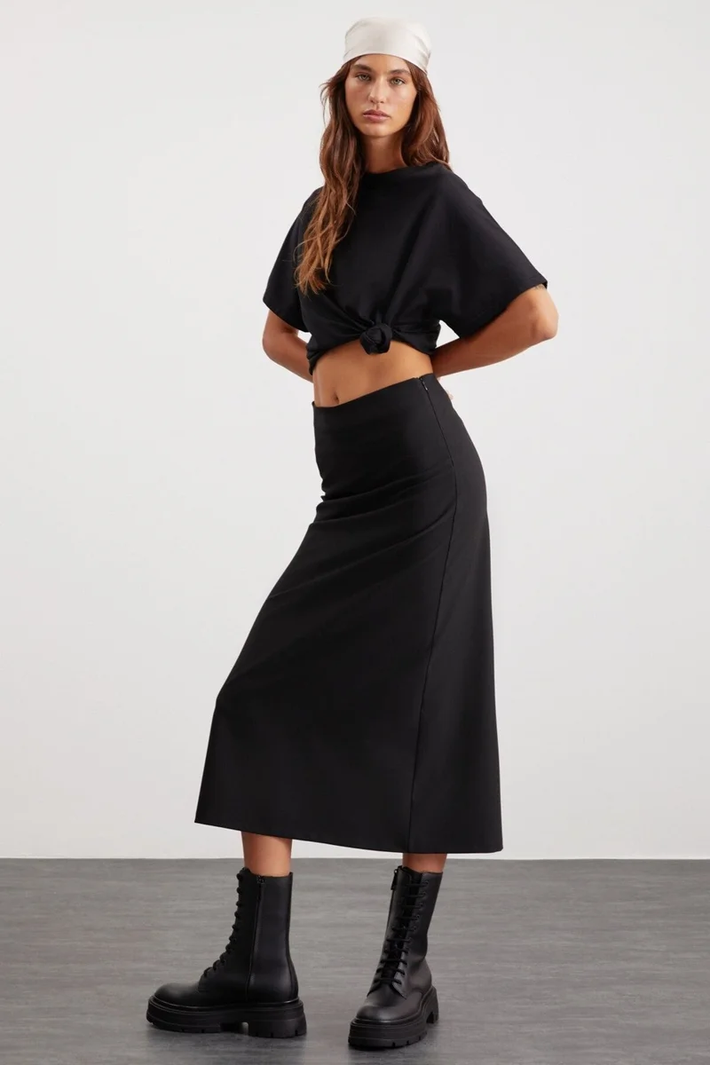 GRIMELANGE Isla Women's Woven Fabric Back Deep Slit Maxi Length Normal Waist Black Skirt