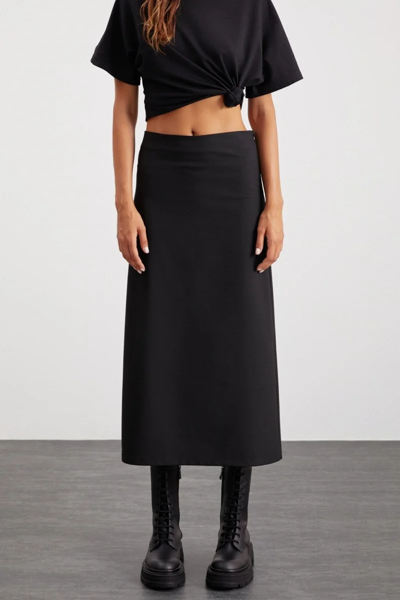 GRIMELANGE Isla Women's Woven Fabric Back Deep Slit Maxi Length Normal Waist Black Skirt
