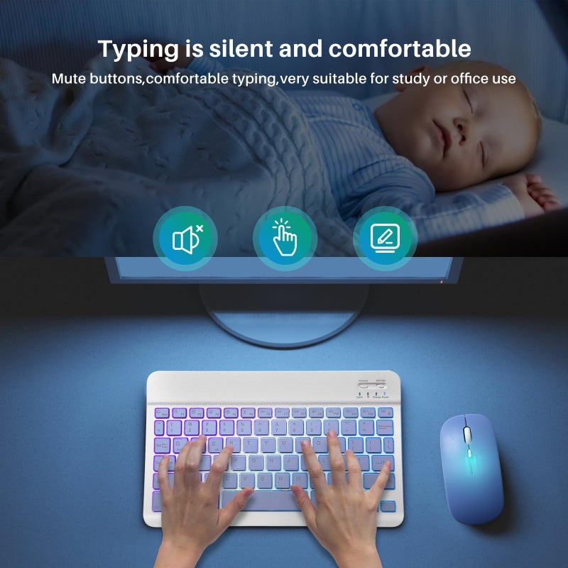 Guiheng Bluetooth Keyboard and Mouse Combo for iPad - Rechargeable Wireless Keyboard & Mouse with 7-Color Backlit Compatible with iPad 9th/8th Gen, iPad Pro/Air/Mini, iPhone14/13/12 Pro, (10 inch Purple) - Image 3