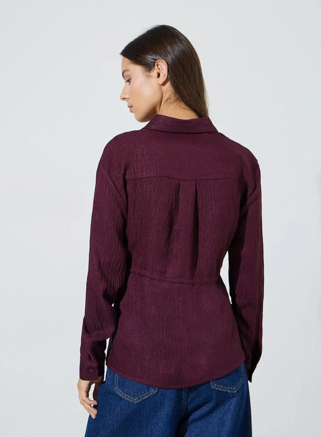 Styli  Burgundy Solid Belted Waist Long Sleeves Shirt for Women | Best Price UAE