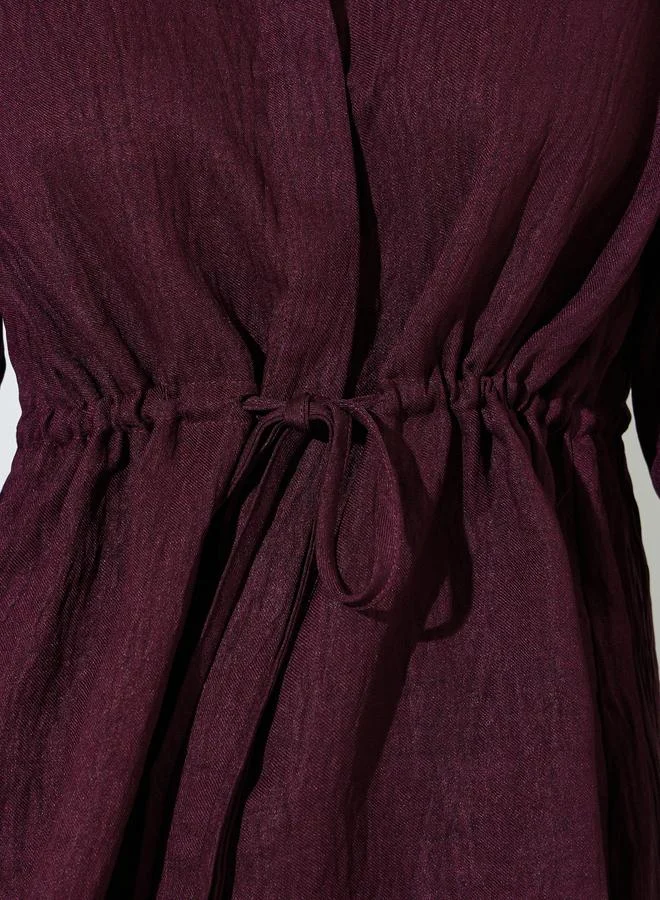 Styli  Burgundy Solid Belted Waist Long Sleeves Shirt for Women | Best Price UAE