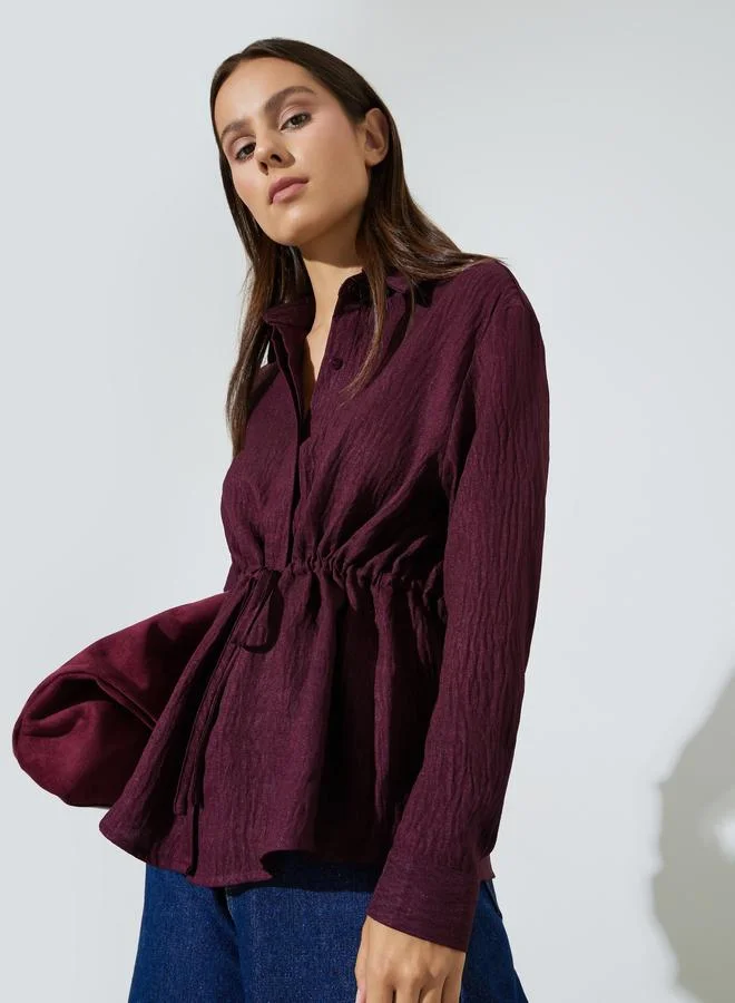 Styli Burgundy Solid Belted Waist Long Sleeves Shirt