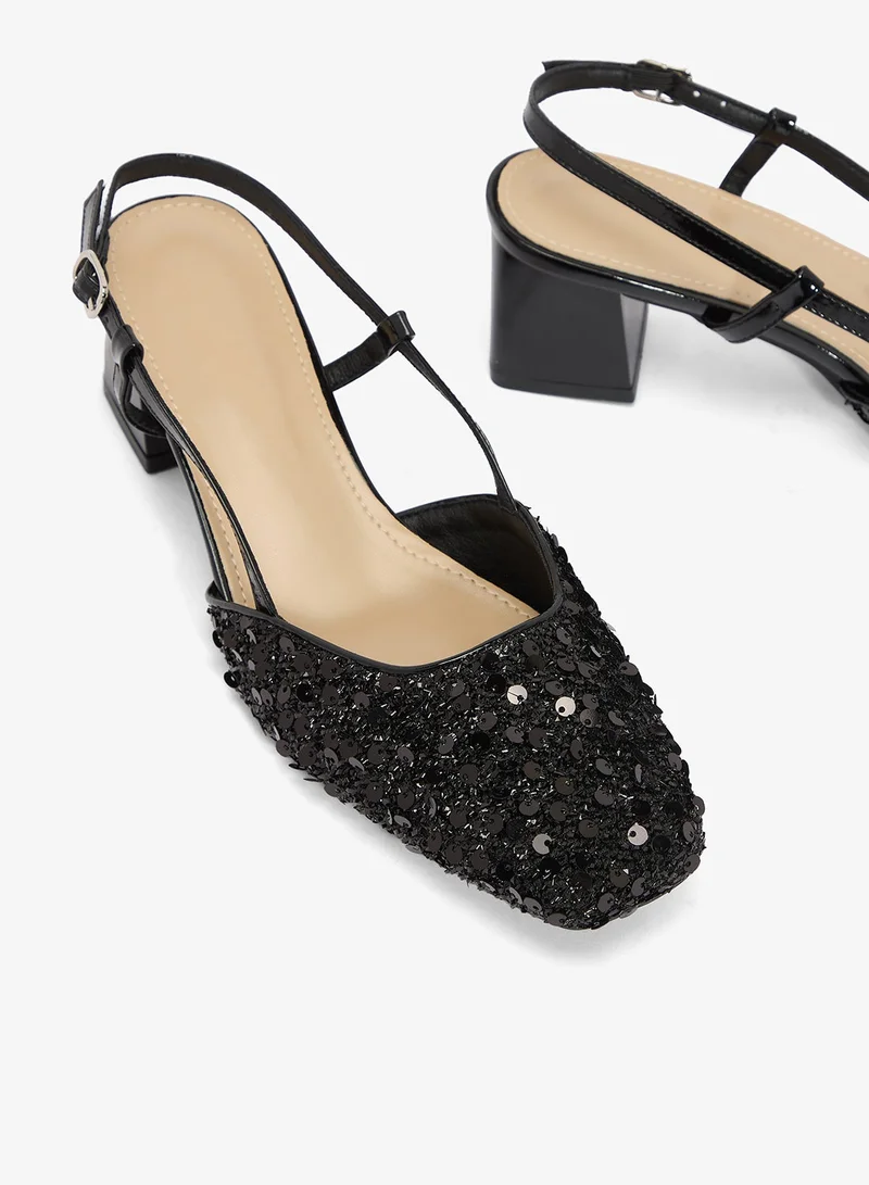 Ella Limited Edition Black Silver Sequin Detail Sling Back Kitten Block Heel Pumps for Women | Best Price UAE