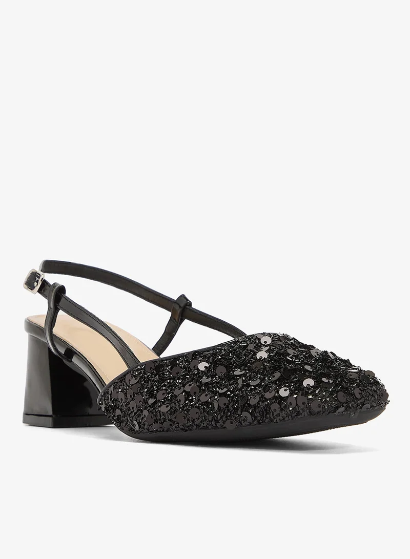 Ella Limited Edition Silver Sequin Detail Sling Back Kitten Block Heel Pumps