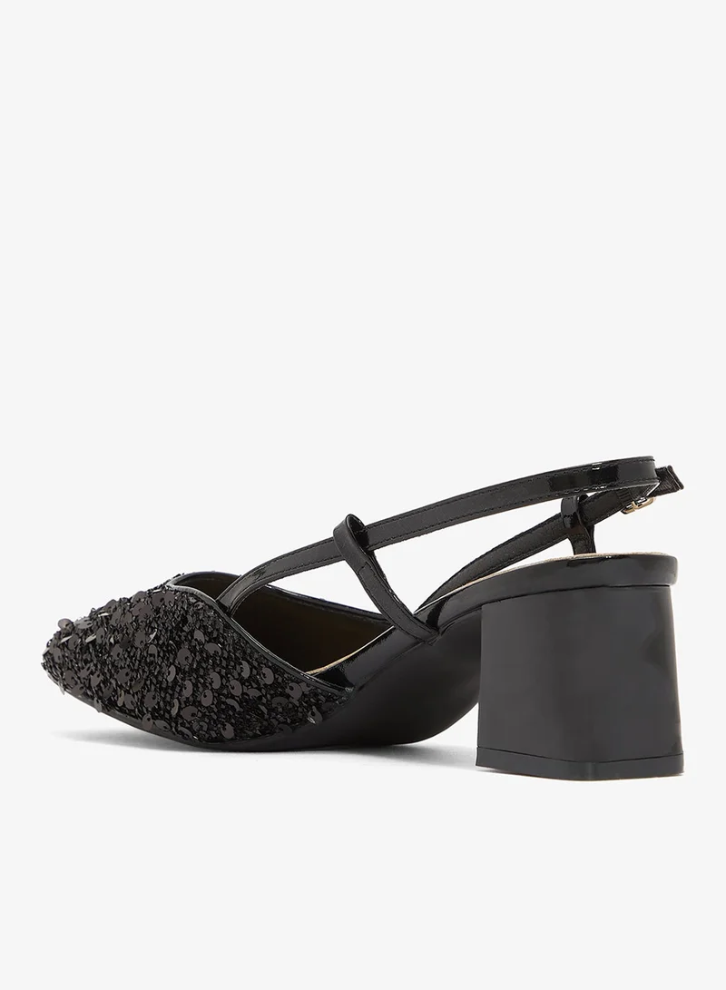 Ella Limited Edition Silver Sequin Detail Sling Back Kitten Block Heel Pumps