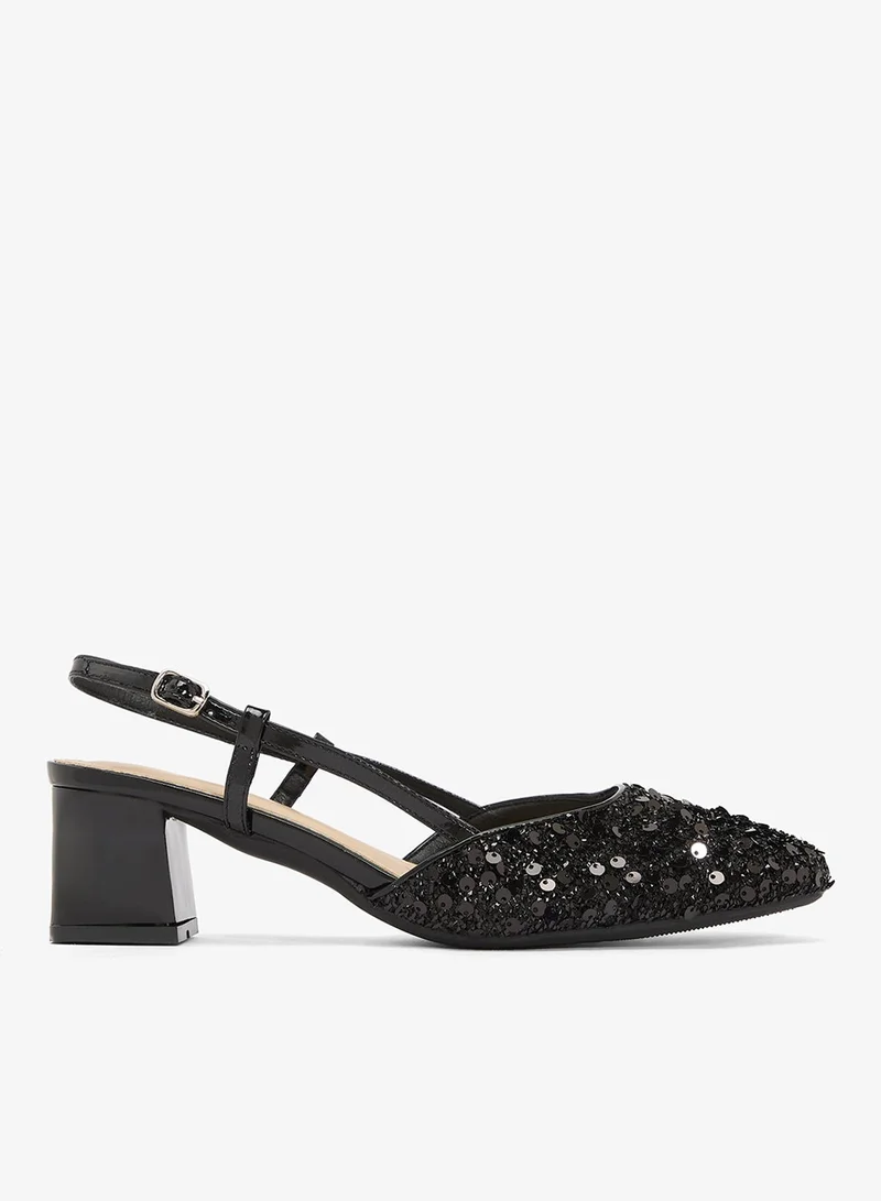 Ella Limited Edition Black Silver Sequin Detail Sling Back Kitten Block Heel Pumps for Women | Best Price UAE
