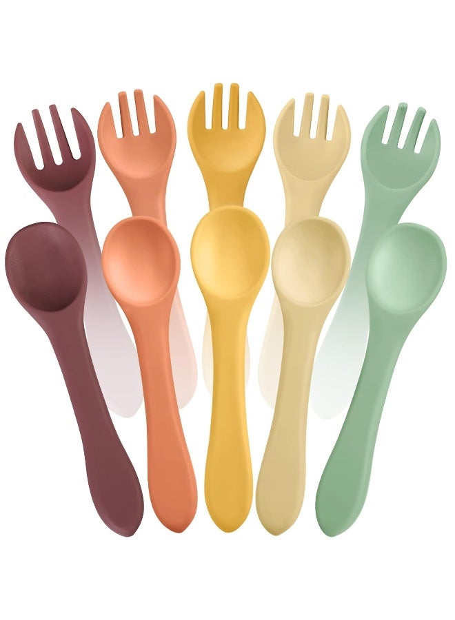 Nuenen 10 Pieces Baby Led Weaning Spoons and Forks Set Infant Silicone Spoon First Self Feed Baby training Utensils for Toddler First Stage Feeding Supplies for Kids Over 6 Months, 5 Pairs (Classic Colors) - Image 1