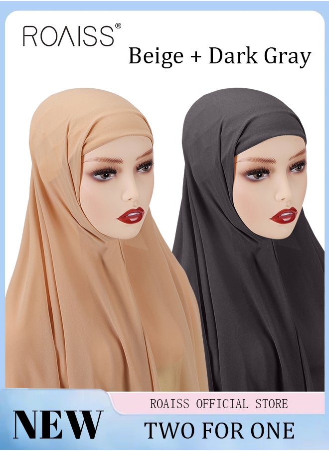roaiss - 2 Piece Women Chiffon Hijab Set Muslim Casual Scarf Turban for Ladies Beading Decoration Versatile All Seasons Wearable Traditional Wear Hijab Ramadan and Eid Al Adha Gifts - Image 1