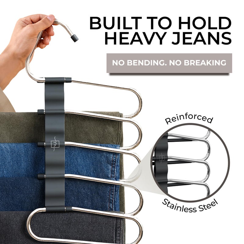 MORALVE Pants Hangers Space Saving - 4 Pack - Non-Slip Multi-Layer Space Saving Hangers - Multifunctional Clothing Rack for Closet Storage - Ideal for Jeans, Trousers, Skirts, Scarves & Slacks (Black) - Image 4