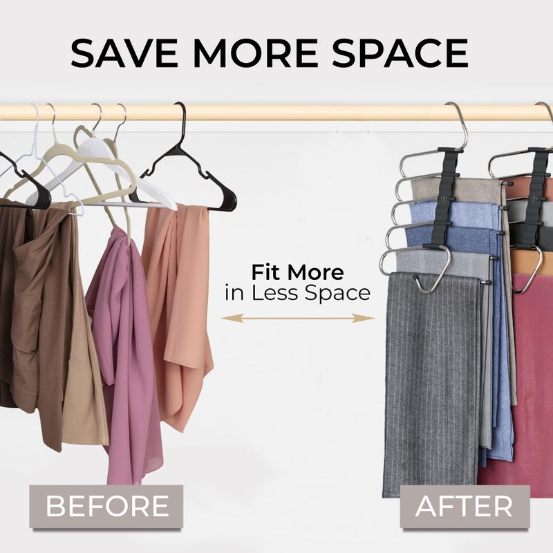 MORALVE Pants Hangers Space Saving - 4 Pack - Non-Slip Multi-Layer Space Saving Hangers - Multifunctional Clothing Rack for Closet Storage - Ideal for Jeans, Trousers, Skirts, Scarves & Slacks (Black) - Image 2