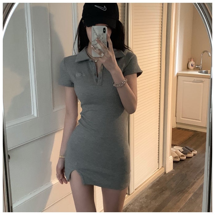 Summer Dress Pure Retro POLO Collar High-end dress Womens Chic Waist Sweet and Hot Skirt Hip Skirt Pink - Image 2