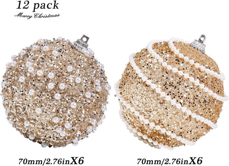 Munansli Champagne Gold Christmas Ball Ornaments, Christmas Ball Decorations Shatterproof Plastic Hanging Pearl Balls for Holiday Party(70mm/2.76", 12ct) - Image 5