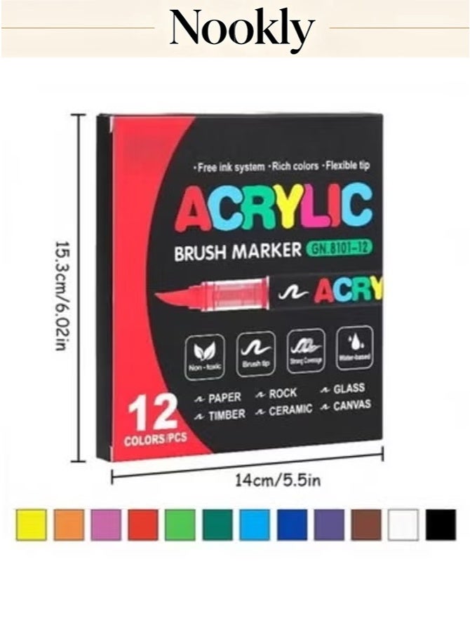nookly 12 Colors Acrylic Paint Marker Set, Soft Tip Odorless Stackable Smooth Flow Drawing Pens for Students Artists - Image 1