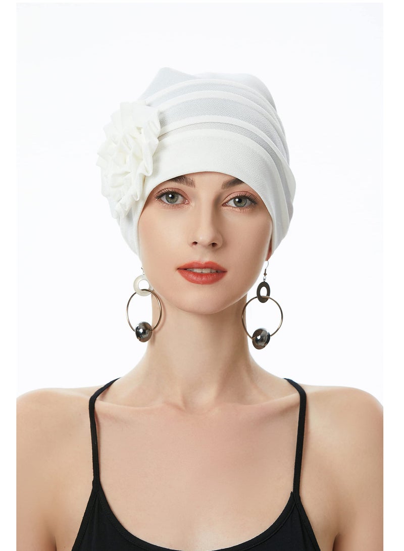 SYOSI Women's Turban Beanie Hat with Flower, Elastic Chemo Headwear, Floral Head Wrap Cap, White  - Image 3