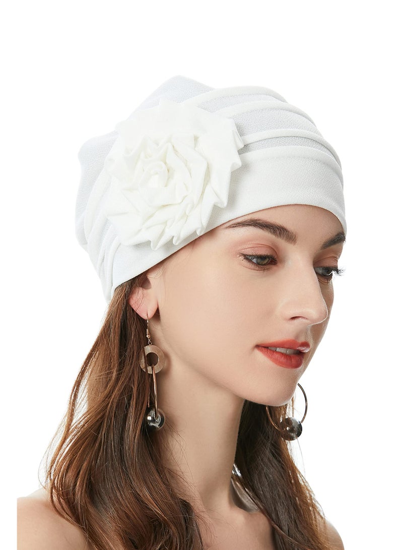 SYOSI Women's Turban Beanie Hat with Flower, Elastic Chemo Headwear, Floral Head Wrap Cap, White  - Image 1